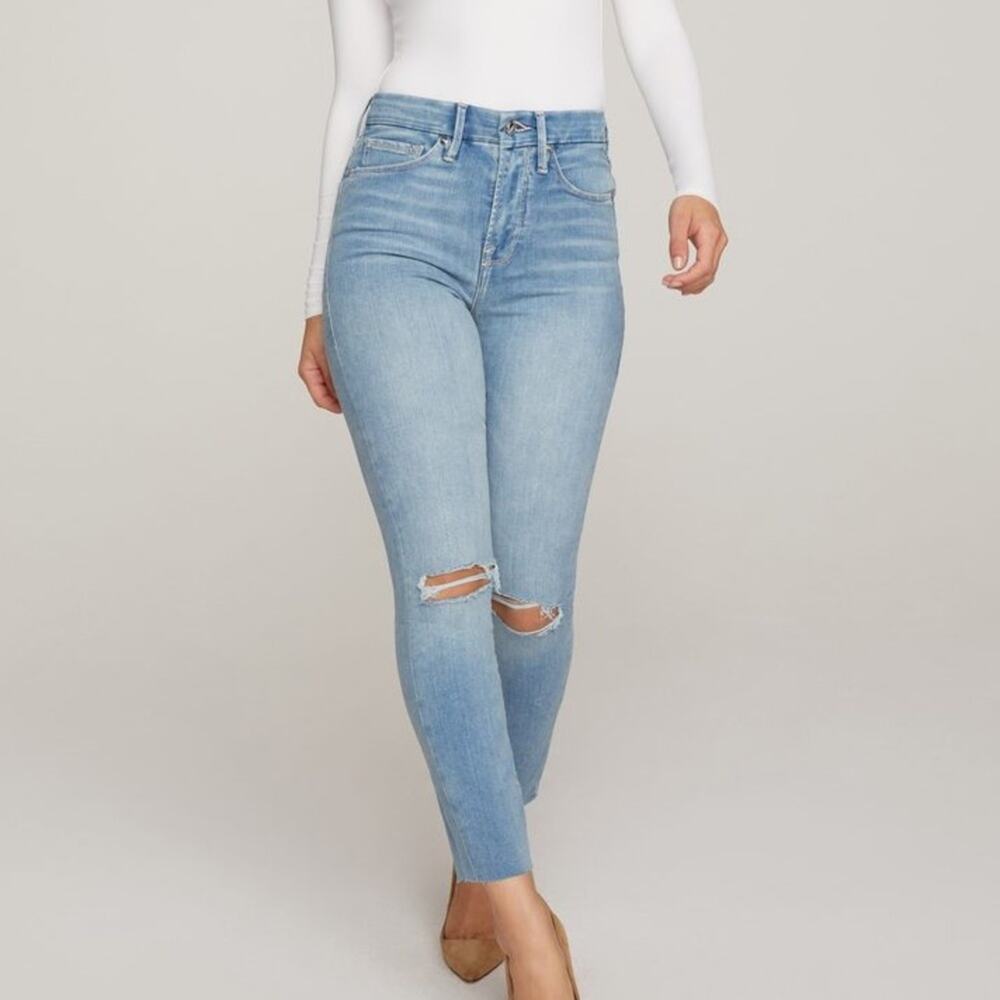 Good American Good Waist Crop Light Wash Raw Edge Jeans Size 25